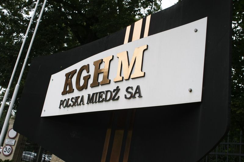 KGHM's logo is seen in front of its headquarters in Lubin