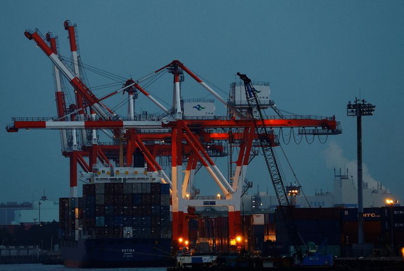 FILE PHOTO - A cargo ship and containers are seen at an industrial port in Tokyo