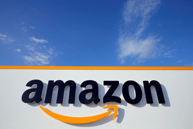 FILE PHOTO: The logo of Amazon is seen at the company logistics center in Boves, France
