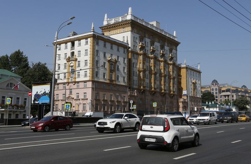 FILE PHOTO: Vehicles drive past the embassy of the U.S. in Moscow