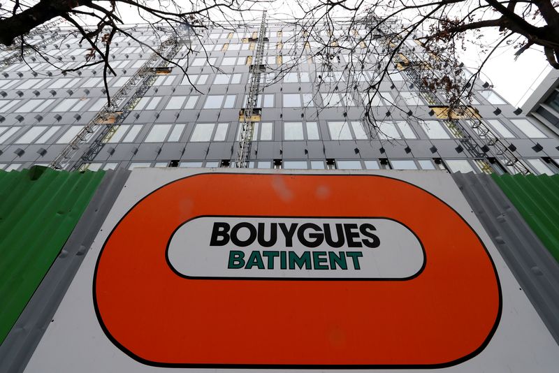 FILE PHOTO: A Bouygues company logo is seen on a construction building site in Paris