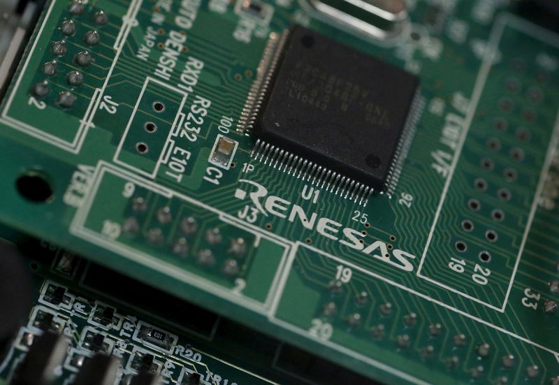 FILE PHOTO: A Renesas Electronics Corp's chip is pictured at the company's office in Tokyo