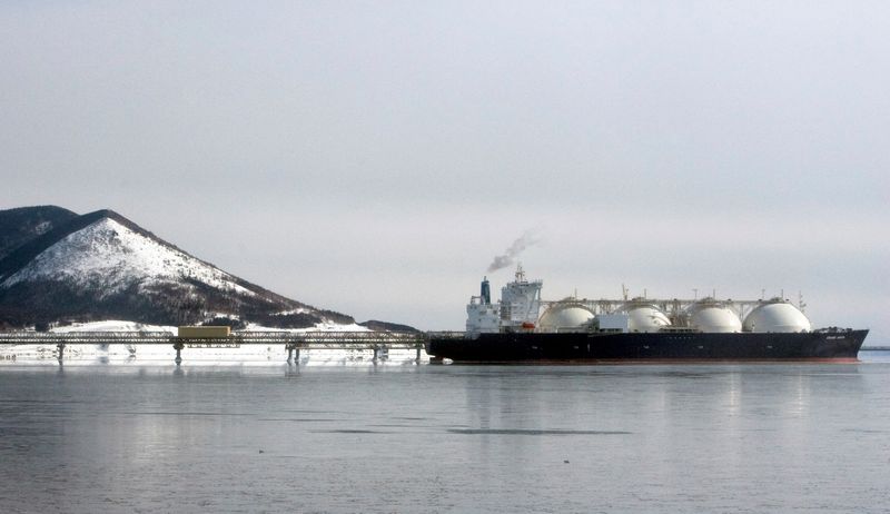 FILE PHOTO: A Japanese-made liquefied natural gas carrier is anchored near an LNG plant on Sakhalin island near the town of Korsakov