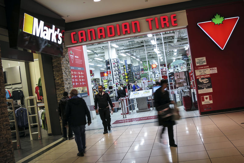 People walk out of a Canadian Tire Store that is located by a Mark's clothing store, which is owned by Canadian Tire Corporation in Toronto