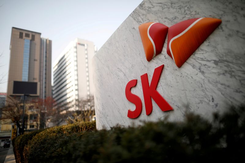 FILE PHOTO: The logo of SK is seen in front of its headquarters in Seoul