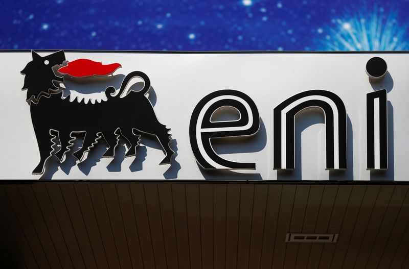 FILE PHOTO: The logo of Italian energy company Eni is seen at a gas station in Rome