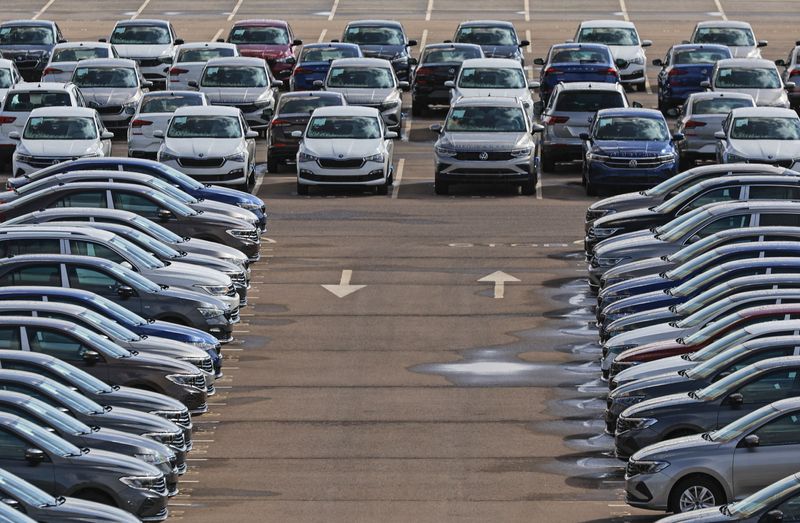 FILE PHOTO: New cars are seen parked at the plant of Volkswagen Group Rus in Kaluga