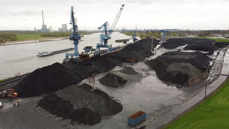 FILE PHOTO: Aerial view of a dry bulk terminal with coal along the river Rhine