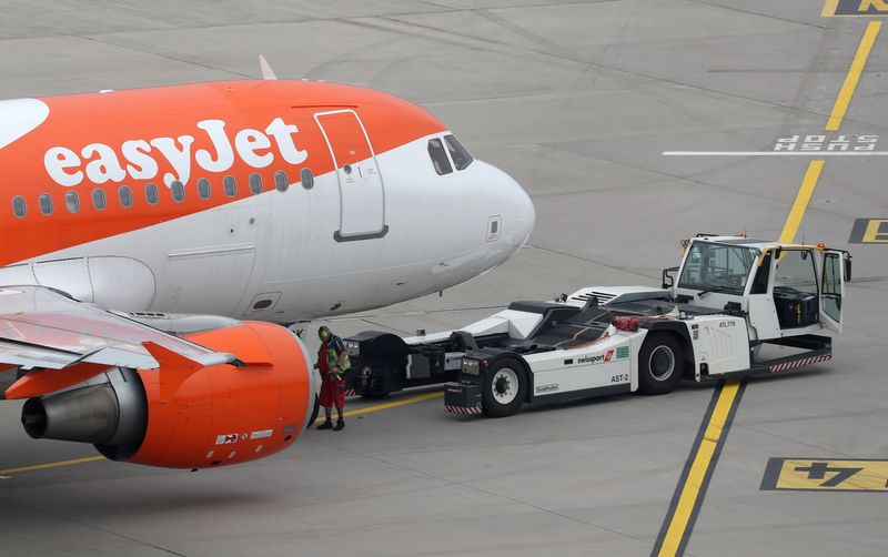 FILE PHOTO: A Goldhofer pushback tractor of air services provider Swissport stands in front of an Easy Jet aircraft at Zurich Airport