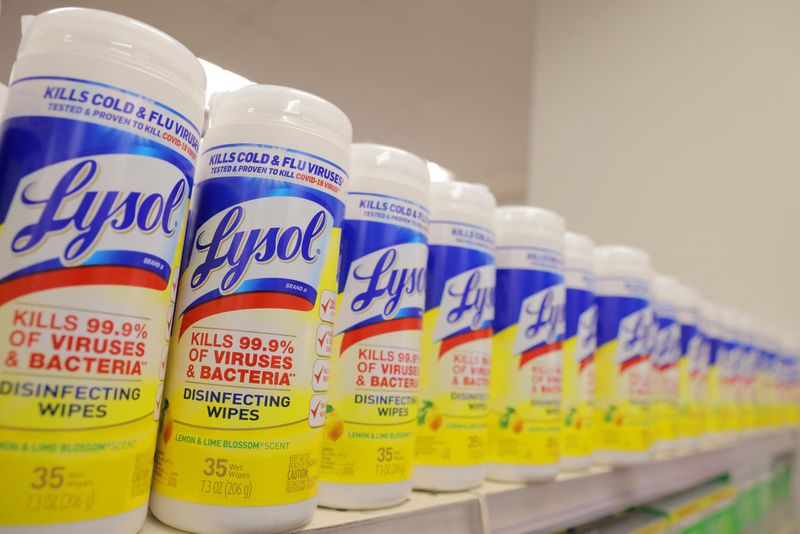 FILE PHOTO: Lysol, a brand of Reckitt Benckiser Group PLC, is seen on display in a store in Manhattan, New York City