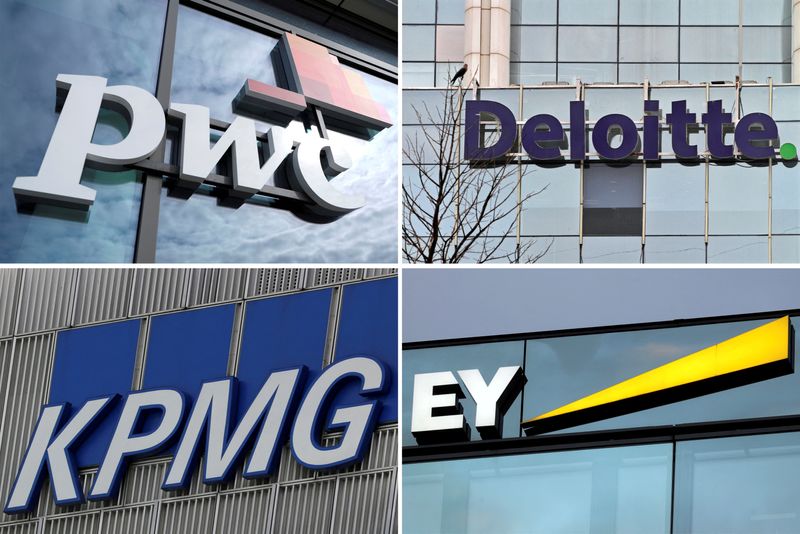 FILE PHOTO: A combination of file pictures shows logos of Price Waterhouse Coopers, Deloitte, KPMG and Ernst & Young