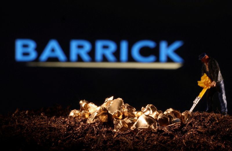 FILE PHOTO: Small toy figure and gold imitation are seen in front of the Barrick logo in this illustration