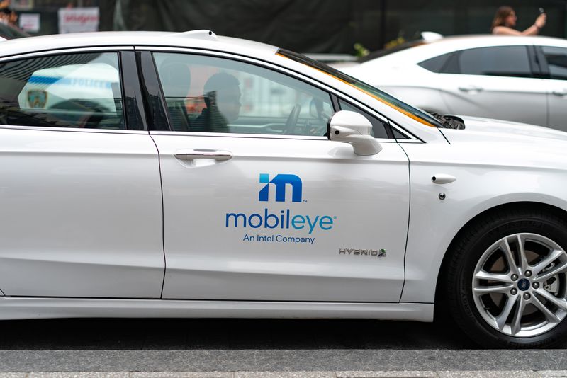 FILE PHOTO: Mobileye driverless technology at the Nasdaq Market site in New York