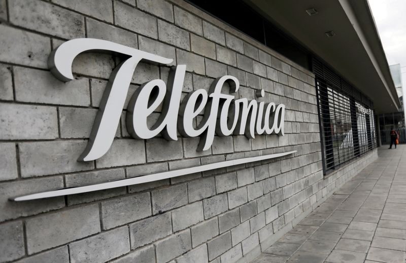 FILE PHOTO: The logo of Telefonica is seen on company's headquarters in Bogota