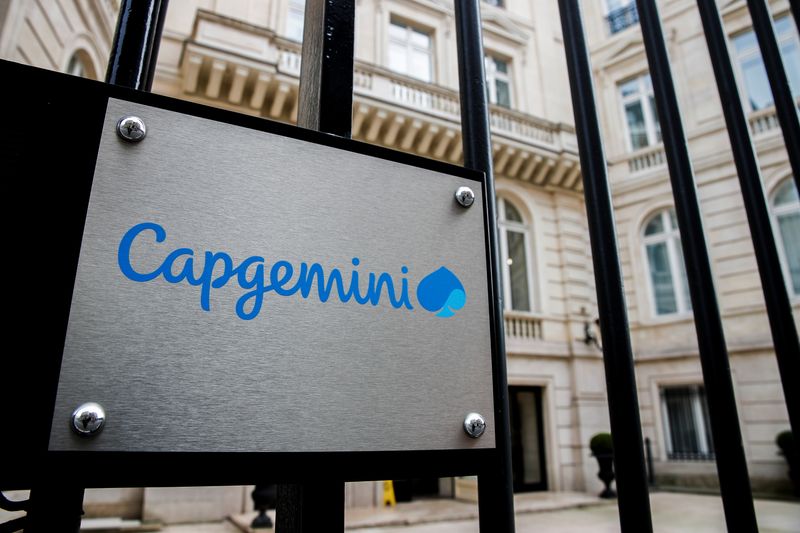 The logo of Capgemini is seen at the company's headquarters in Paris