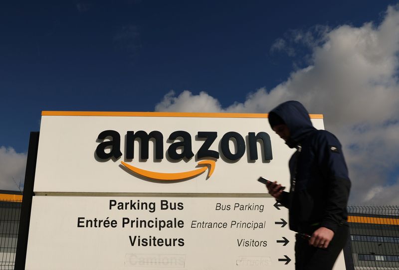 FILE PHOTO: Amazon logo is seen at the company's logistics centre in Boves