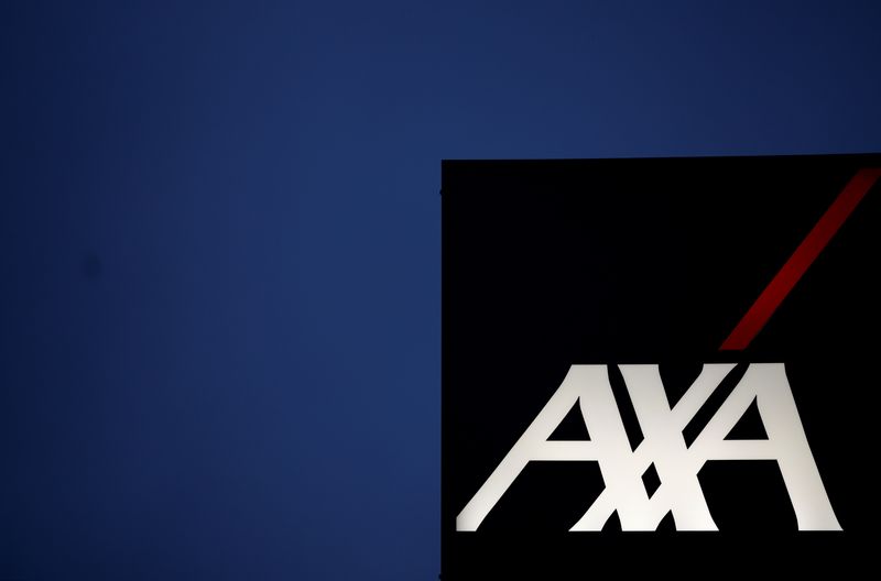 The logo of French insurer Axa is seen outside a building in Montaigu
