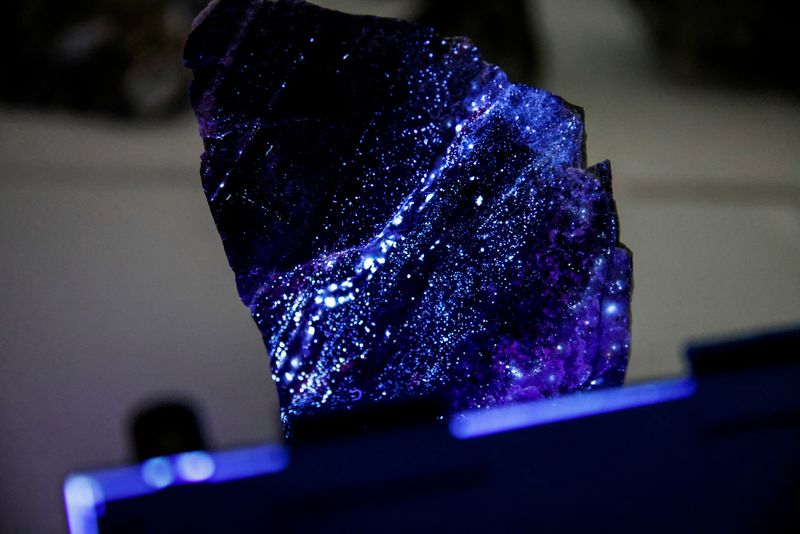Tungsten is illuminated with mineral light at an Almonty office near a mine in Gangwon Province