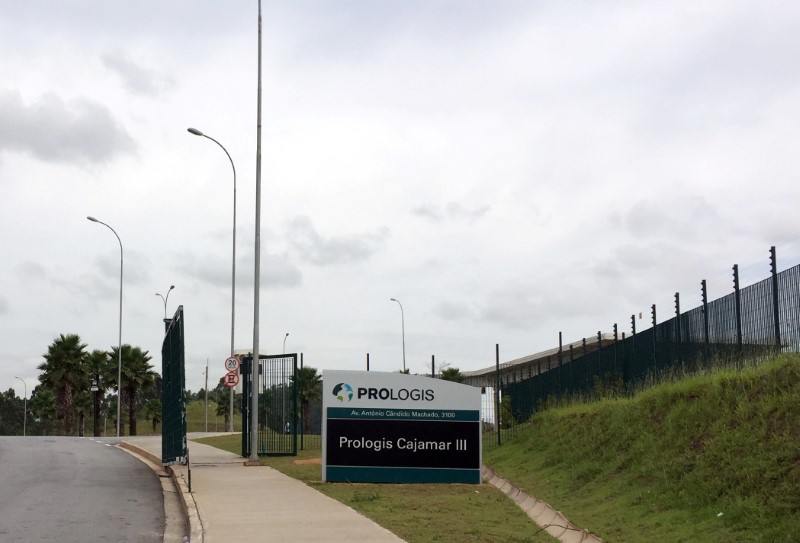 FILE PHOTO: A general view of the main entrance of Prologis logistics complex which Amazon.com Inc is planning to rent in Cajamar