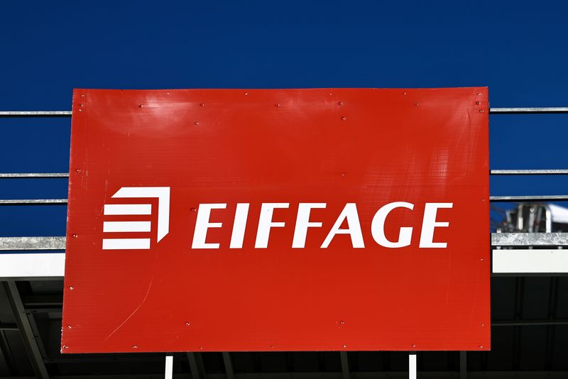 The logo of French construction group Eiffage is seen at a construction site in Paris