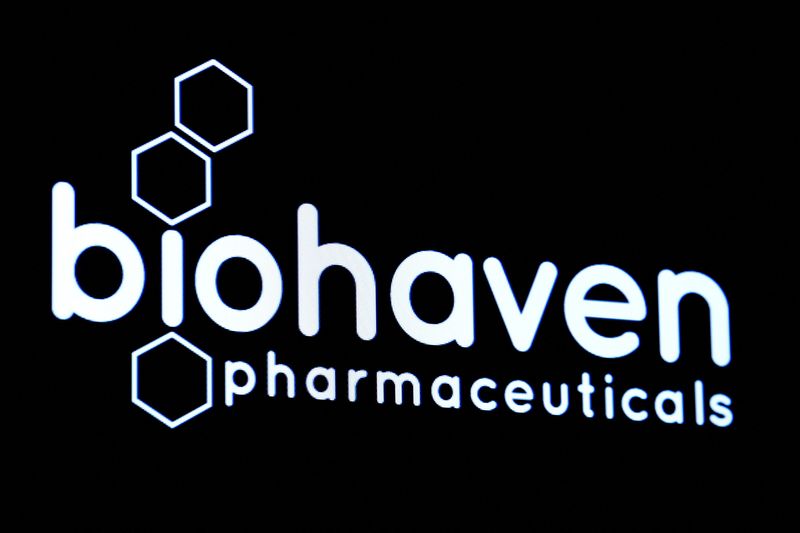 FILE PHOTO: Biohaven Pharmaceutical Holding Company logo is displayed on screen on floor of NYSE in New York