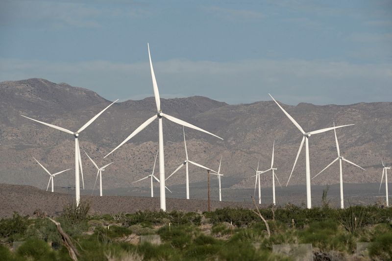 FILE PHOTO: Power-generating Siemens 2.37 megawatt (MW) wind turbines are seen at the Ocotillo Wind Energy Facility as the spread of the coronavirus disease (COVID-19) continues in this aerial photo taken over Ocotillo, California
