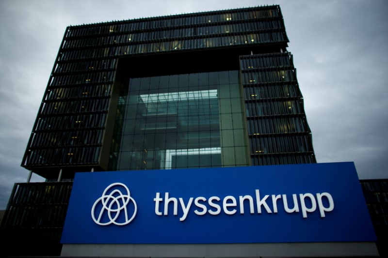 FILE PHOTO: A logo of ThyssenKrupp AG is pictured outside their headquarters in Essen