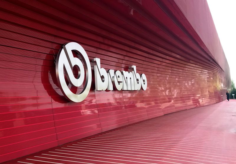 Logo of Brembo is pictured at the group's headquarters in Stezzano