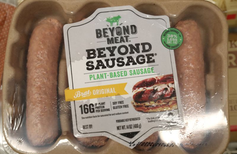 A Beyond Meat Sausage is seen on display at a store in Manhasset, New York