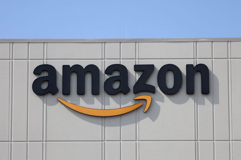 Signage is seen at an Amazon facility in Staten Island, New York City