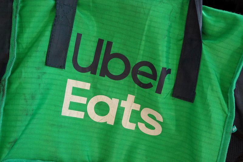 FILE PHOTO: An Uber Eats delivery bag is seen on a bicycle in Brooklyn, New York City