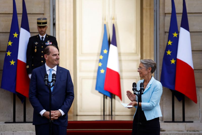 Handover ceremony between outgoing French PM Castex and newly-appointed PM Borne, in Paris