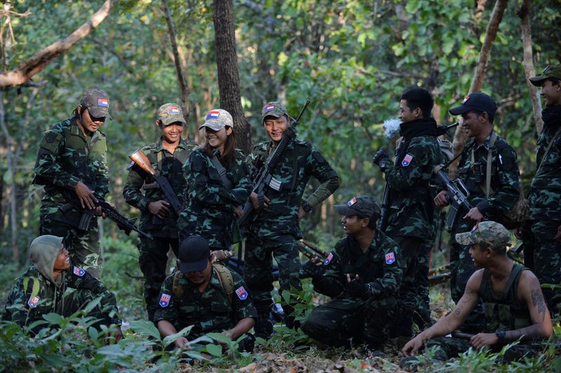 FILE PHOTO: Members of the People's Defence Force (PDF) at the front line in Kawkareik, Myanmar