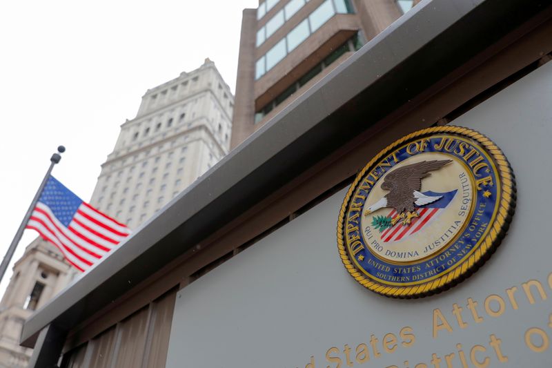FILE PHOTO: The seal of the United States Department of Justice is seen on the building exterior of the United States Attorney's Office of the Southern District of New York in Manhattan, New York City