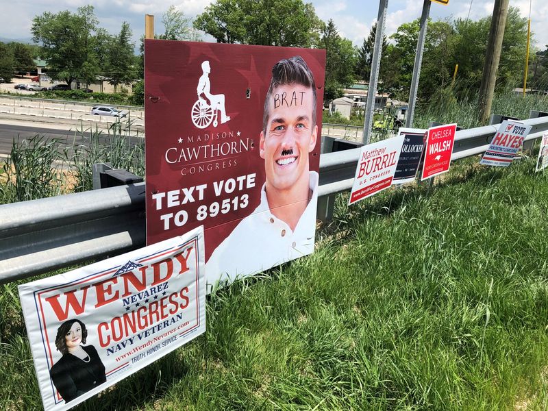 An oversized Madison Cawthorn for Congress poster is seen defaced in northern Henderson County