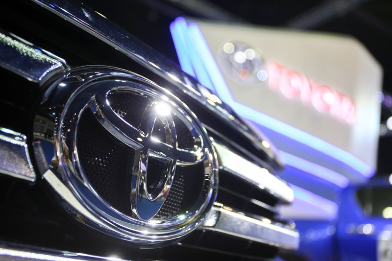 FILE PHOTO: The Toyota logo is pictured at the 38th Bangkok International Motor Show in Bangkok