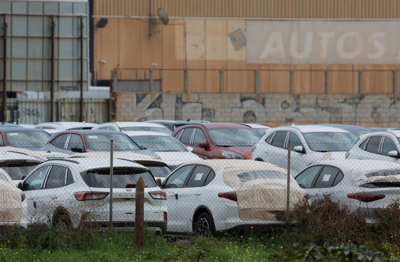 New cars are see parked in a industrial zone in Malaga