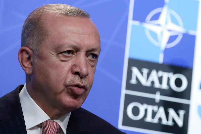 FILE PHOTO: Turkey's President Tayyip Erdogan holds a news conference during the NATO summit at the Alliance's headquarters in Brussels, Belgium
