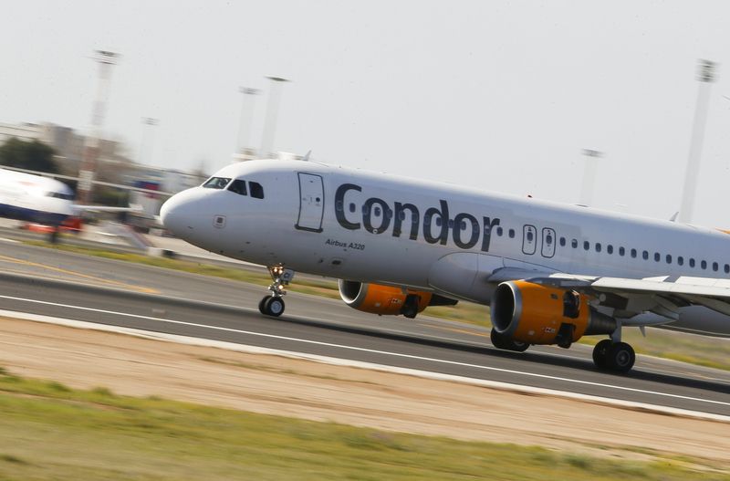 Condor airliner lands at Son Sant Joan airport in Palma de Mallorca