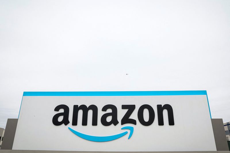 FILE PHOTO: Amazon logo is displayed outside LDJ5 sortation center in New York City
