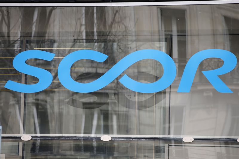 FILE PHOTO: The logo of reinsurance company Scor is seen at its the Paris headquarters