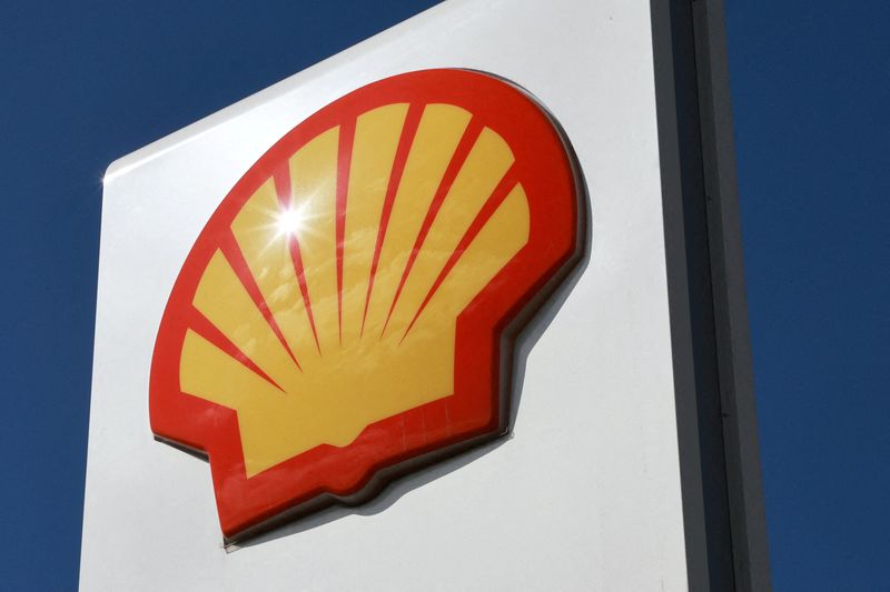FILE PHOTO: A view shows a board with the logo of Shell at the company's fuel station in Saint Petersburg