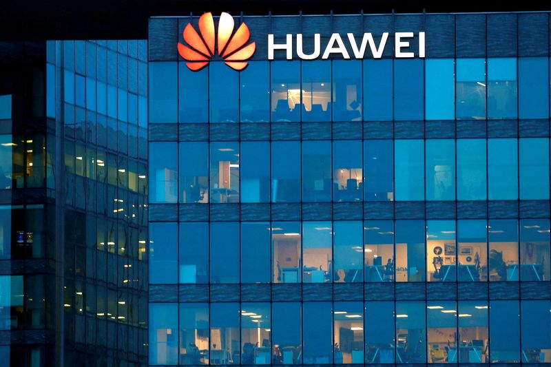 FILE PHOTO - Huawei logo at Huawei Technologies France in Boulogne-Billancourt