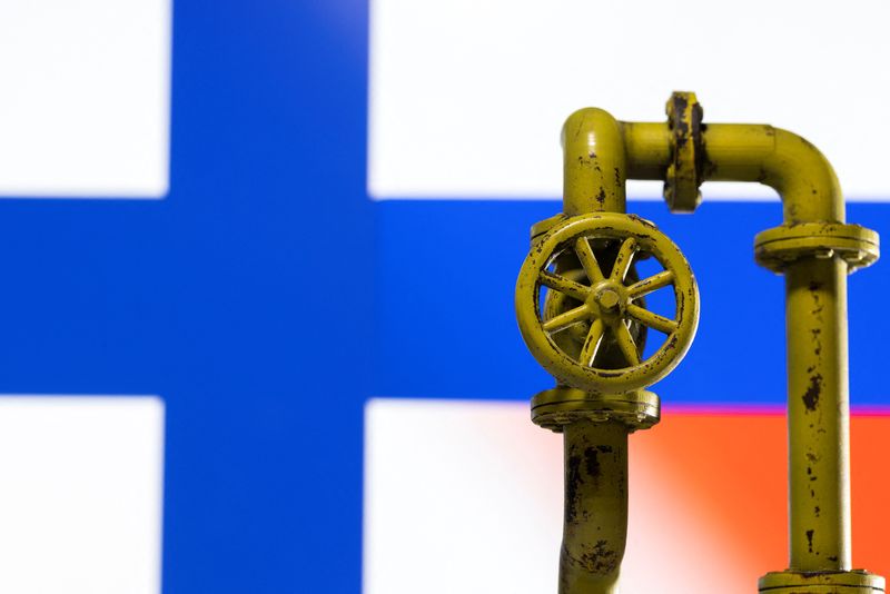 FILE PHOTO: Illustration shows natural gas pipeline, Finnish and Russian flag colours