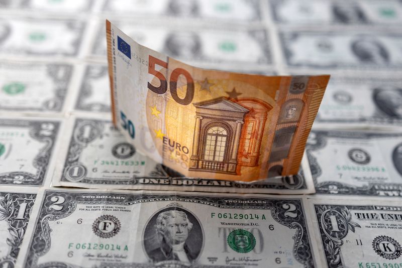 FILE PHOTO: Illustration shows Euro banknote placed on U.S. Dollar banknotes