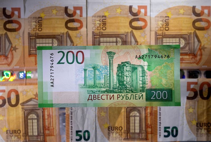 FILE PHOTO: Illustration shows a Russian rouble banknote placed on euro banknotes
