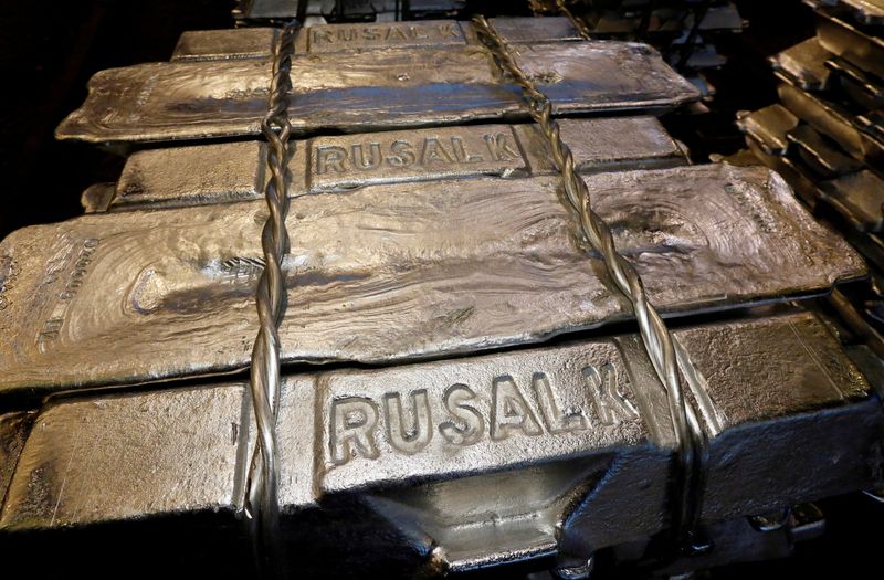 FILE PHOTO: Aluminium ingots are seen stored at the foundry shop of the Rusal Krasnoyarsk aluminium smelter in Krasnoyarsk
