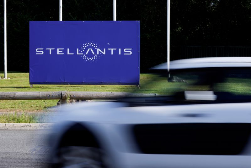 FILE PHOTO: The logo of Stellantis at the entrance of the company's factory in Hordain