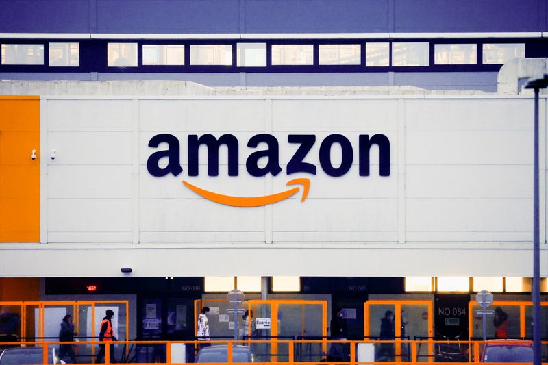 FILE PHOTO: Amazon logo at the company's logistics center in Bretigny-sur-Orge