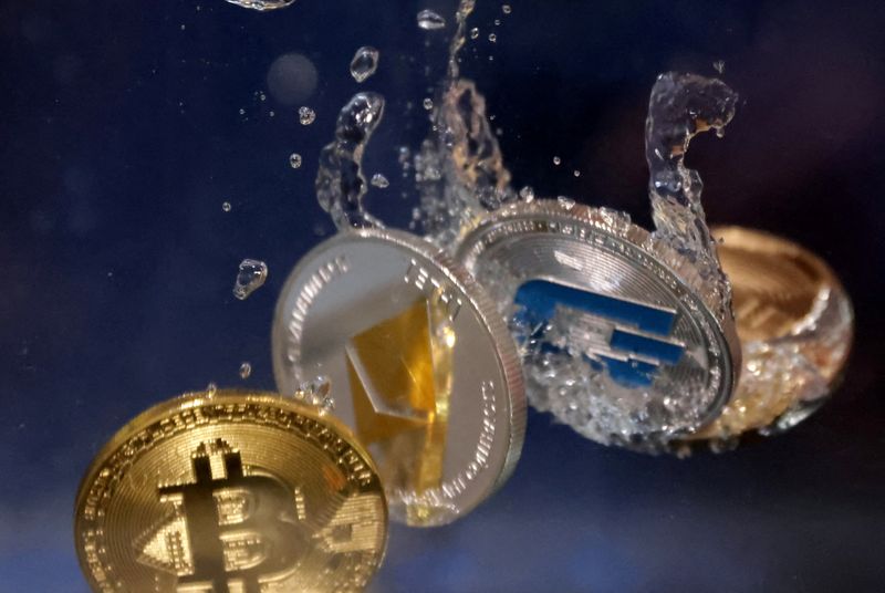FILE PHOTO: Illustration shows representation of cryptocurrency Bitcoin, Ethereum and Dash plunging into water